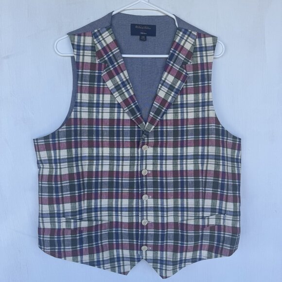 Brooks Brothers 1818 Madison Baird McNutt Irish Linen Vest 43R Plaid & Denim - Picture 1 of 9